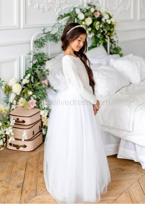 White Sequin Tulle Flower Girl Dress Modest Gown